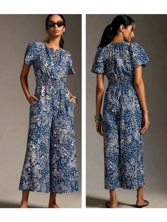 Anthropologie Pants - Anthropologie The Somerset Wide Leg Jumpsuit Blue Floral Size Small